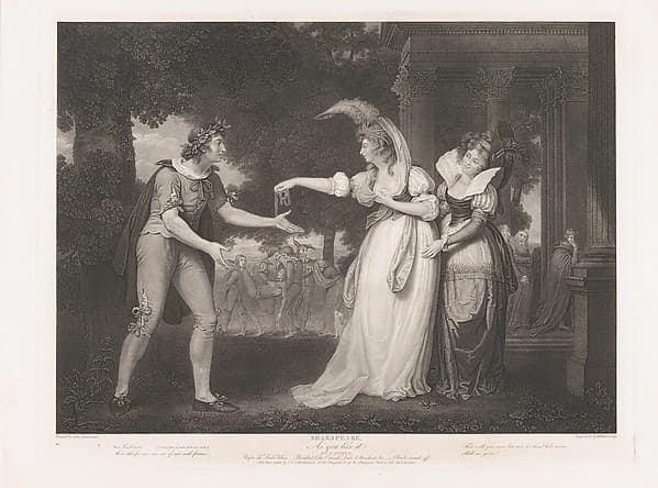 Before the Duke's Palace–Rosalind, Celia, Orlando, the Duke & Attendants (Shakespeare, As You Like It, Act 1, Scene 2), by William Satchwell Leney