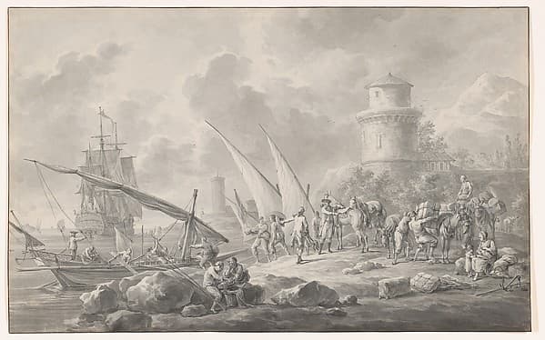 Soldiers Loading Barges for a Large Sailing Ship Along the Coast, by Dirk Langendijk