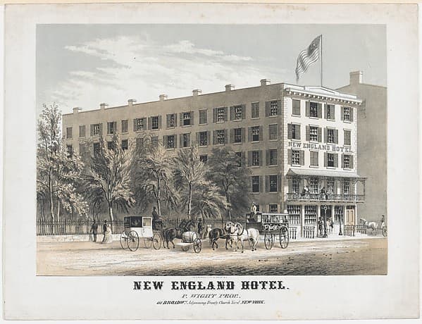 New England Hotel, Broadway, Adjoining Trinity Church Yard, New York, by Frances Flora Bond Palmer