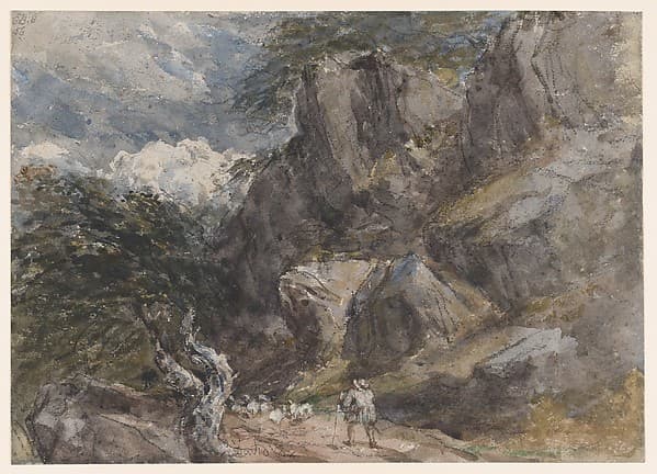 Driving sheep in a rocky landscape, by David Cox