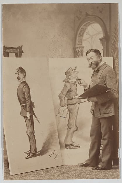Full-length Portrait of Thomas Nast with Two Caricatures, by Thomas Nast