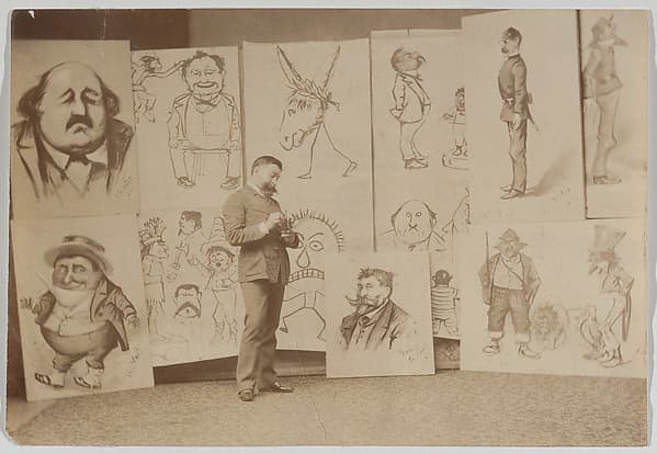 Full-length Portrait of Thomas Nast with a Group of Caricatures, by Thomas Nast