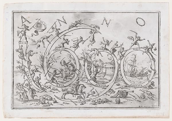 'Anno 1690' (the Year 1690), with numerous warring figures clambering on and hanging from the numbers, allusions to the Allegories of the Four Elements and the Four Continents, by Giuseppe Maria Mitelli
