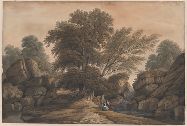Figures beside a waterfall and pool in a wooded landscape, by John Varley