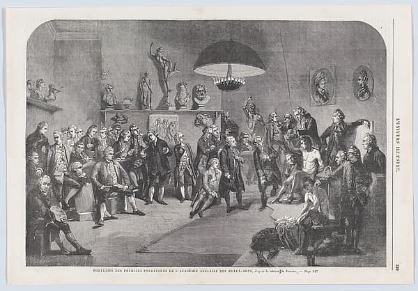 Portraits des premiers fondateurs de l'Académie Anglaise des Beaux-Arts (Portraits of the founding members of the Royal Academy of Arts, London), from "L'Univers Illustré", by Mason Jackson