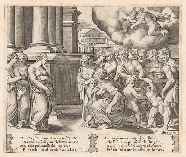 Plate 2: People rendering divine honors to Psyche, from "The Story of Cupid and Psyche as told by Apuleius", by Master of the Die