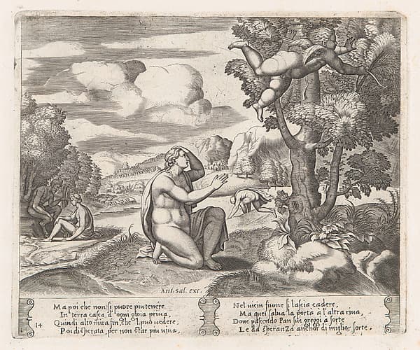Plate 14: Psyche kneeling in the foreground as Cupid flees from her, from "The Story of Cupid and Psyche as told by Apuleius", by Master of the Die