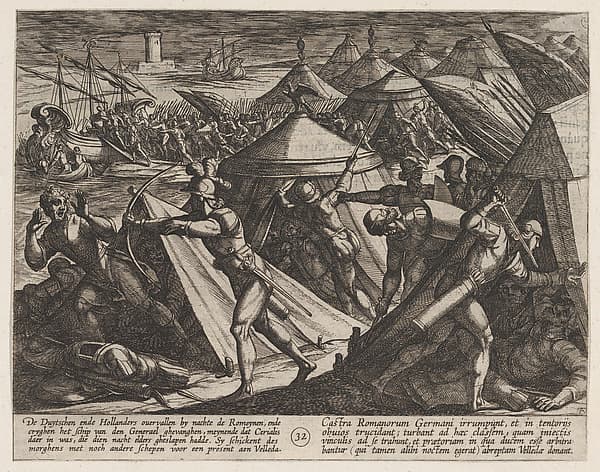 Plate 32: Dutch and Germans Atttack the Roman Camp and Capture Cerialis' Boat, from "The War of the Romans Against the Batavians" (Romanorvm et Batavorvm societas), by Antonio Tempesta