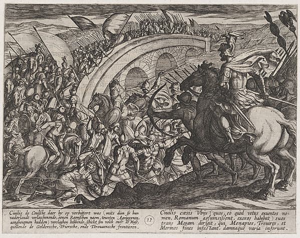 Plate 11: Civilis' Troops Crossing the Maas River, from "The War of the Romans Against the Batavians" (Romanorvm et Batavorvm societas), by Antonio Tempesta