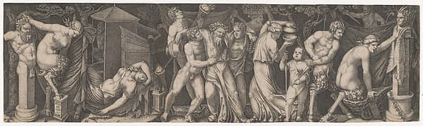 A Bacchanal; Silenus supported by two bacchants in the center, at left a female satyr reclining on a bed and another holding onto the horns on a statue of Priapus while she tries to impale herself on his phallus, with various other figures, by Marcantonio Raimondi
