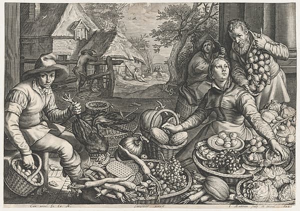 Market Scene, the Rest on the Flight into Egypt in the Background, from Kitchen and Market Scenes with Biblical Scenes in the Background, by Jacob Matham