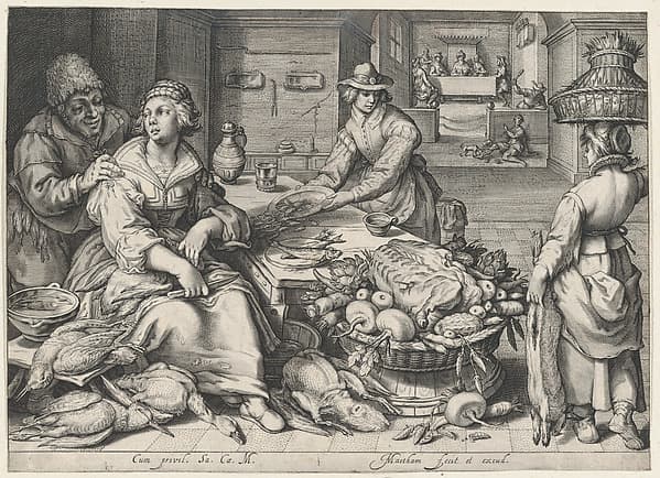 Kitchen Scene with a Maid Drawing Poultry, the Parable of the Rich Man and the Poor Lazarus, from Kitchen and Market Scenes with Biblical Scenes in the Background, by Jacob Matham