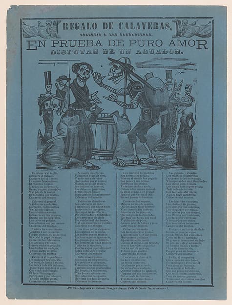In proof of true love, a watercarrier skeleton arguing with a woman (Posada); two skeleton angels in upper corners (Manilla), by José Guadalupe Posada