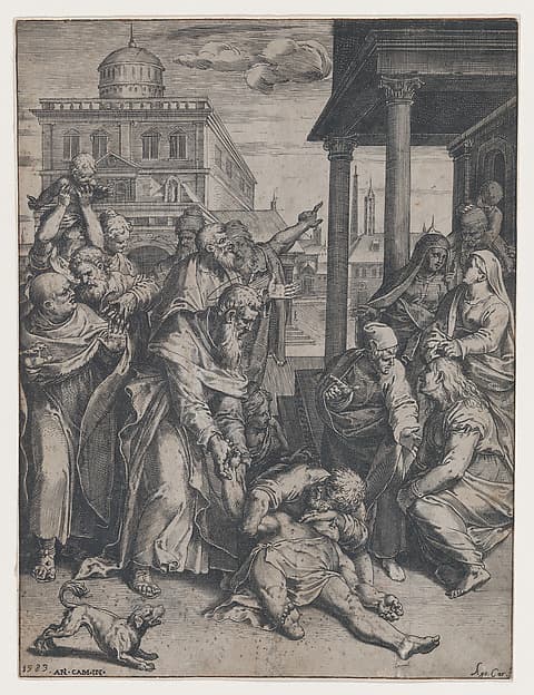 Saint Paul raising Patroclus who is on the ground, surrounded by a group of onlookers, a dog in the foreground at left, by Agostino Carracci