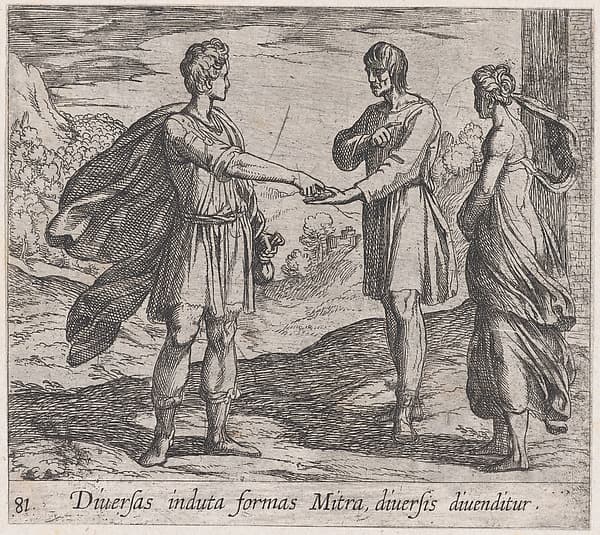Plate 81: Erysichthon Selling his Daughter (Diversas induta Mitra diversis divenditur), from Ovid's 'Metamorphoses', by Antonio Tempesta