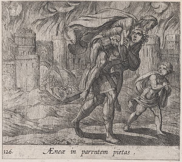 Plate 126: Aeneas and Anchises (AEnea in perentem pietas), from Ovid's 'Metamorphoses', by Antonio Tempesta