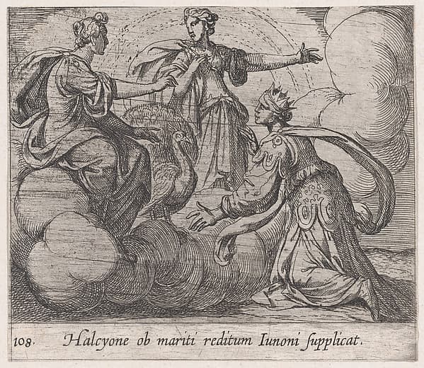 Plate 108: Alcyone Offering Prayers to Juno (Halcyone ob mariti reditum Iunoni supplicat), from Ovid's 'Metamorphoses', by Antonio Tempesta