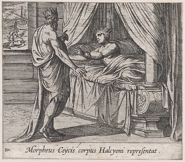 Plate 110: Morpheus, as Ceyx, Appearing to Alcyone (Morpheus Ceycis corpus Halcyoni representat), from Ovid's 'Metamorphoses', by Antonio Tempesta
