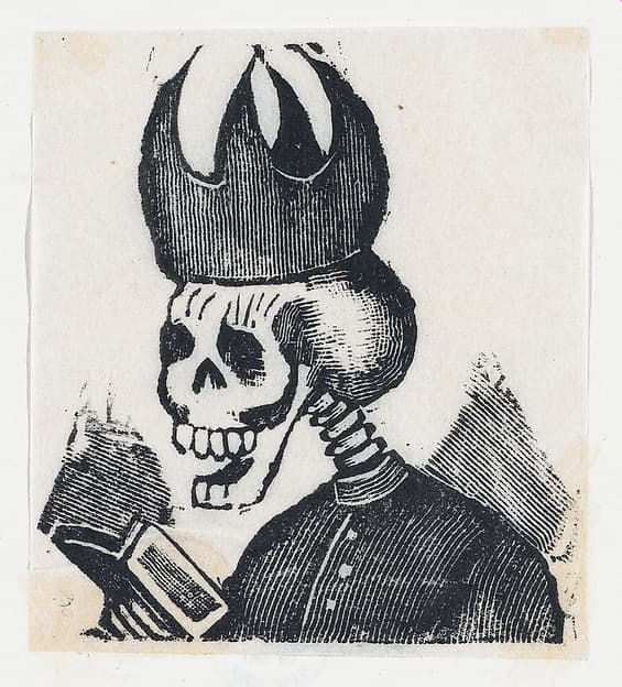 A skeleton wearing a bishop's mitre reading a book (vignette for the feast of the dead), by José Guadalupe Posada