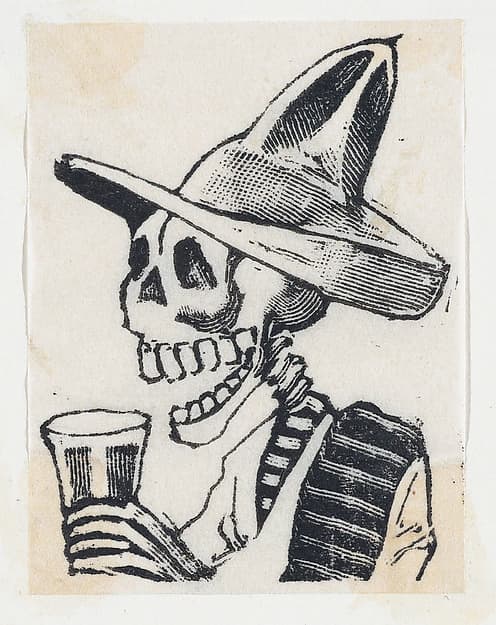 A skeleton wearing a hat having a drink (vignette for the feast of the dead), by José Guadalupe Posada