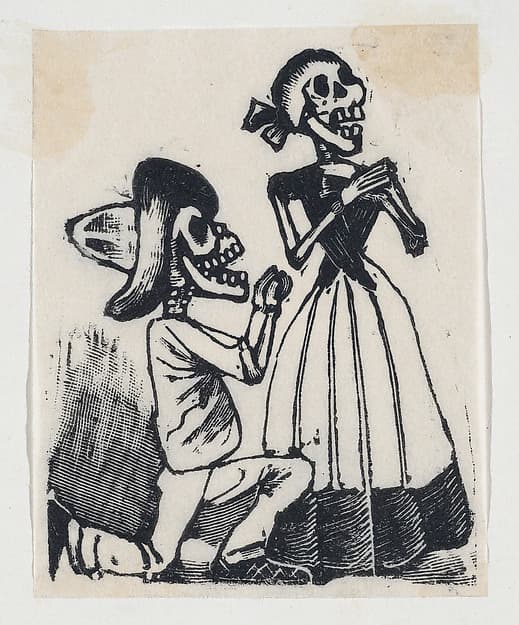A male skeleton on his knees before a female skeleton (vignette for the feast of the dead), by José Guadalupe Posada