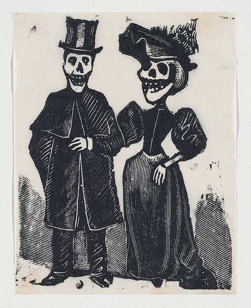 Elegantly dressed male and female skeletons arm in arm (vignette for the feast of the dead), by José Guadalupe Posada