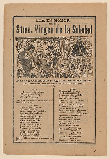Broadsheet with a song in honour of the Holy Virgin of Solitude (Stma. Virgen de la Soledad), by José Guadalupe Posada