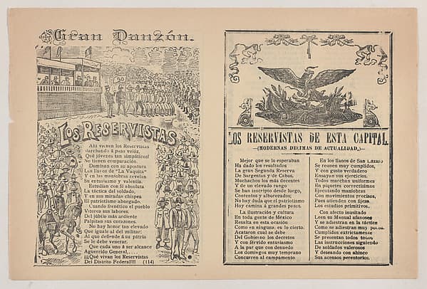 Broadsheet with a song about a military reserve, military personnel in formation, by José Guadalupe Posada