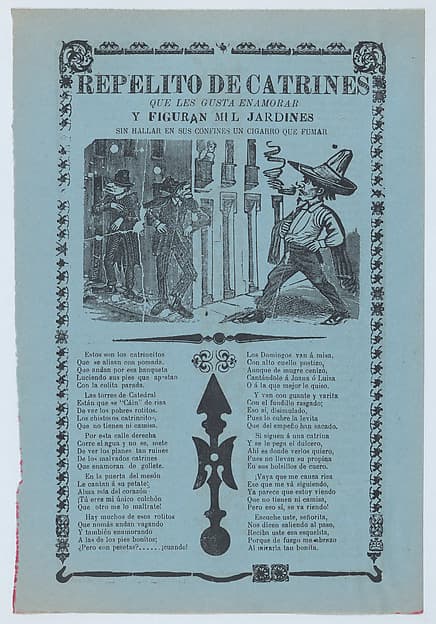 Broadsheet relating to womanizers who are standing on a corner looking up at a woman on a balcony, by José Guadalupe Posada