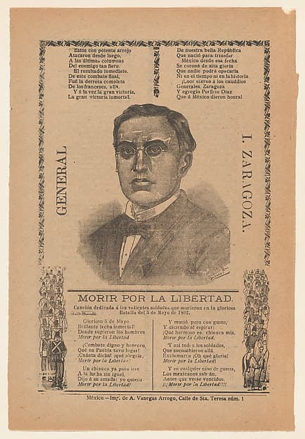 Broadside with a song honoring General Zaragoza and soldiers who died during a battle on May 5, portrait of the general, by José Guadalupe Posada