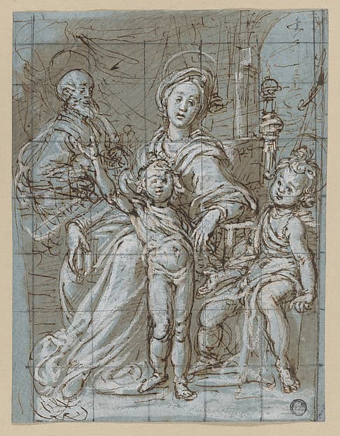 Holy Family with the Infant St. John the Baptist (recto); large-scale cropped sketches of draperies and legs (verso), by Gregorio Pagani