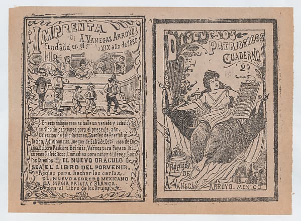 Front and back covers printed on the same sheet for patriotic discourses, by José Guadalupe Posada