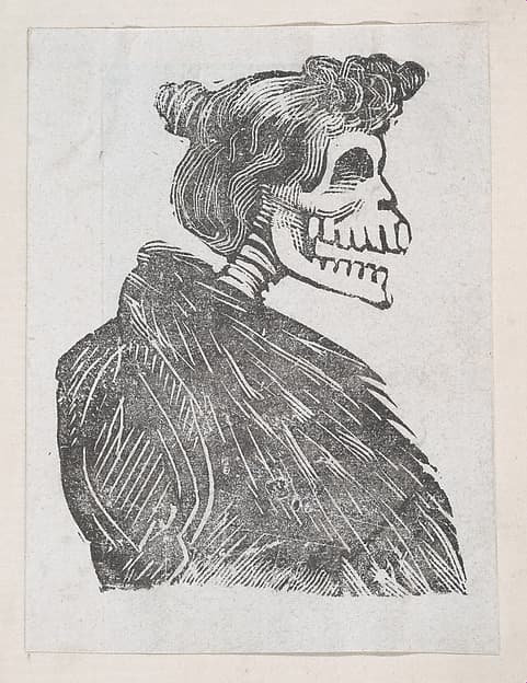 Profile of a female skeleton with a fur vest, from a broaside entitled 'La Calavera de Cupido', published by Antonio Vanegas Arroyo., by José Guadalupe Posada