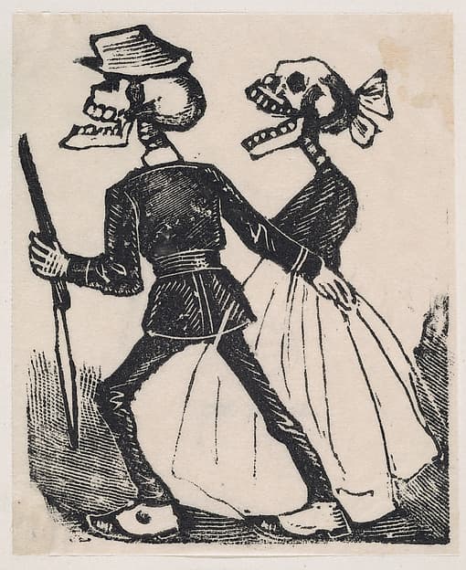 A male skeleton leading a female skeleton to the left, from a broaside entitled 'La Calavera de Cupido', published by Antonio Vanegas Arroyo., by José Guadalupe Posada
