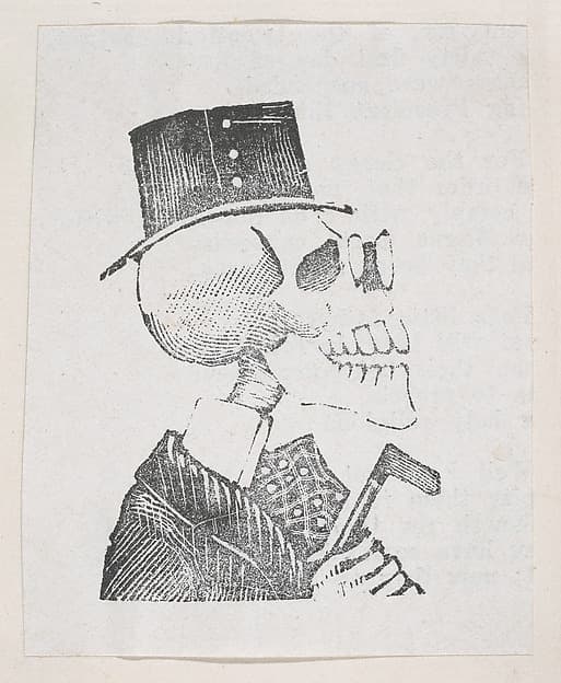 A profile of a skeleton with a tophat, a coat, and glasses, from a broaside entitled 'La Calavera de Cupido', published by Antonio Vanegas Arroyo., by José Guadalupe Posada