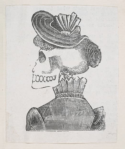 A skeleton with her back turned wearing a coat and hat, from a broaside entitled 'La Calavera de Cupido', published by Antonio Vanegas Arroyo., by José Guadalupe Posada