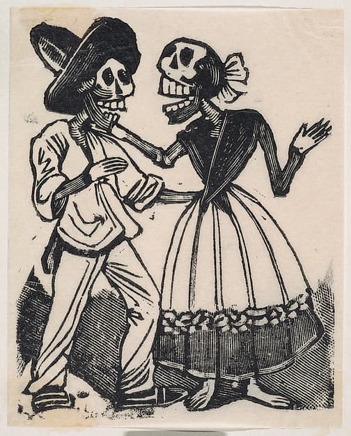 A skeleton in farming clothes speaking to a skeleton in a dress, from a broaside entitled 'La Calavera de Cupido', published by Antonio Vanegas Arroyo., by José Guadalupe Posada