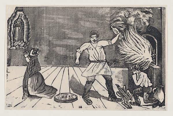 Woman praying to the Virgin of Guadalupe as her husband rages, by José Guadalupe Posada