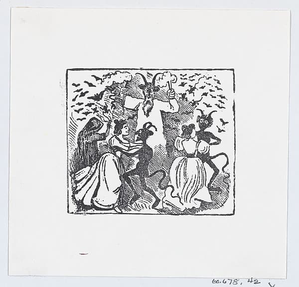 Demons dancing with women and bats flying through the sky, by José Guadalupe Posada