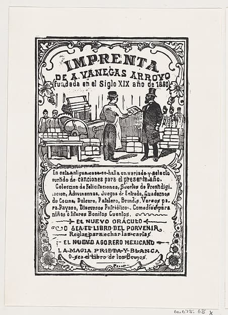 A print shop with a printer handing something to a gentleman, from the broadside 'Imprenta de A. Vanegas Arroyo', by José Guadalupe Posada