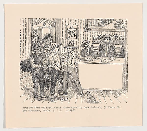 Men in a tavern standing around a bar, by José Guadalupe Posada