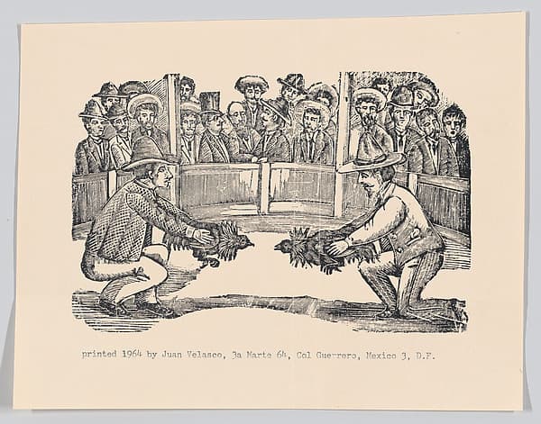 Two men in an arena holding cocks in preparation for a fight, spectators around the perimeter, by José Guadalupe Posada