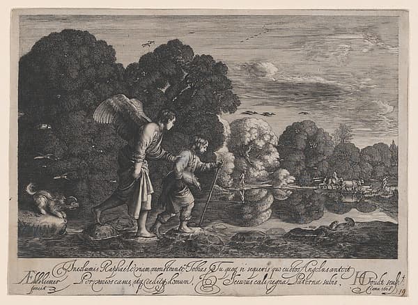 Tobias and the Angel (small plate), by Hendrick Goudt