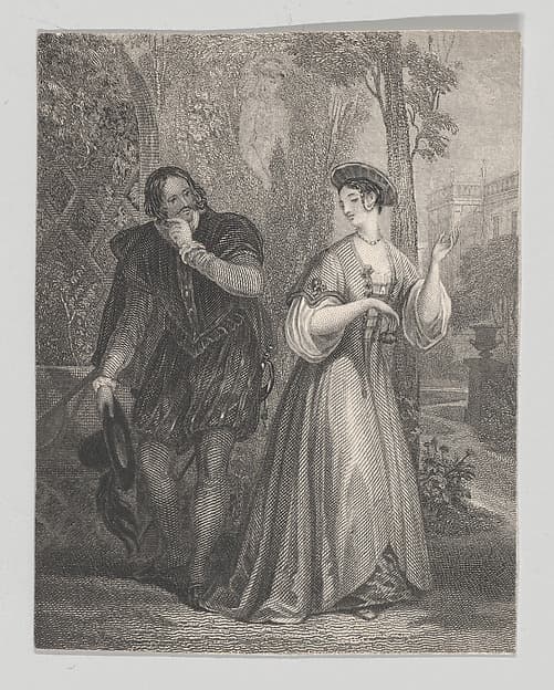 Beatrice and Benedick (Shakespeare, Much Ado About Nothing, Act 2, Scene 3), by Charles Heath