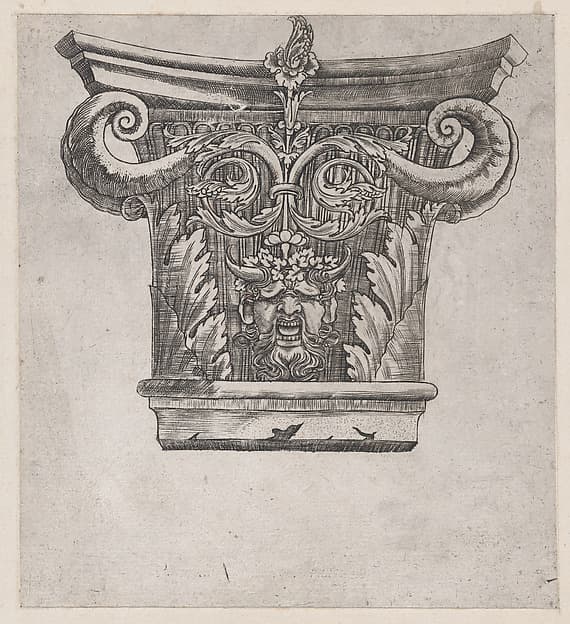 Capital with peapod volutes and satyr head, from "Speculum Romanae Magnificentiae", by Monogrammist G.A. with the Caltrop