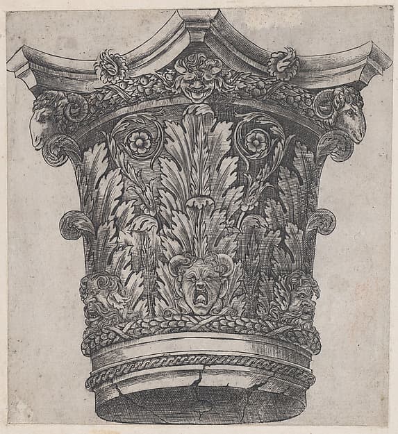 Capital with ram heads and masks, from "Speculum Romanae Magnificentiae", by Monogrammist G.A. with the Caltrop