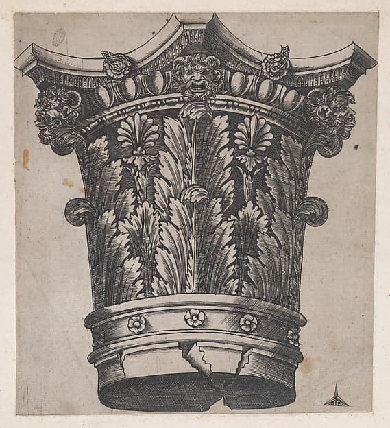 Capital with heads and masks, from "Speculum Romanae Magnificentiae", by Monogrammist G.A. with the Caltrop