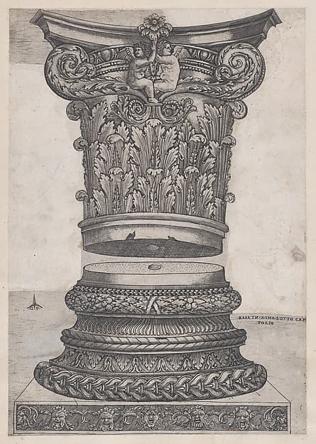 Decorated capital and base, from "Speculum Romanae Magnificentiae", by Monogrammist G.A. with the Caltrop