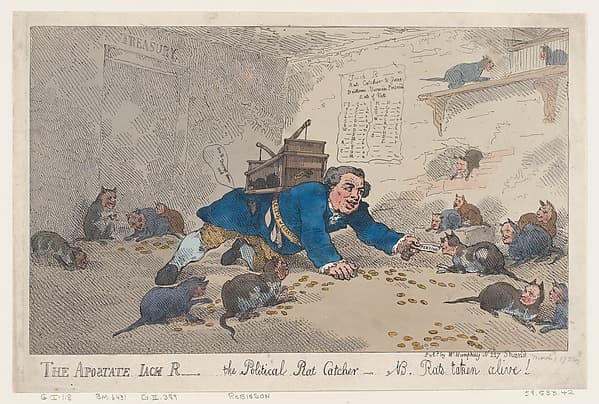 The Apostate Jack Robinson, The Political Rat Catcher–N.B. Rats Taken Alive!, by Thomas Rowlandson