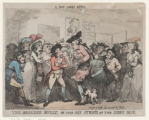 A Box Lobby Hero, The Branded Bully, or The Ass Stripp'd of the Lion's Skin., by Thomas Rowlandson